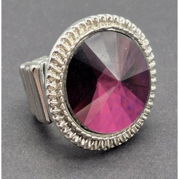 Large Statement Circular Purple Crystal Ring Silver Tone Stretch One Size - Picture 5 of 5